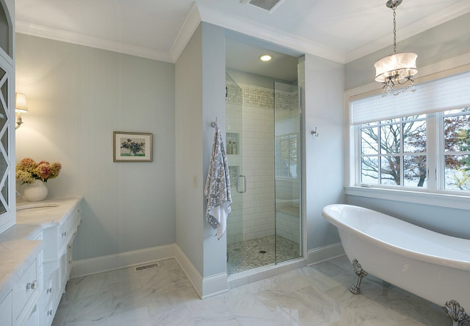 Blue gray bathroom, Bathroom walls painted in Blue gray paint color #Bluegray #PaintColor #Bluegraybathroom #Bluegraypaintcolorbathroompaintcolor Design by Stonewood, LLC