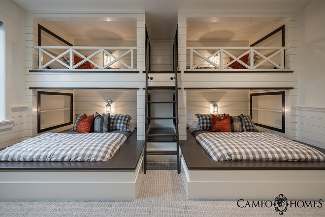 Bunk Room. Custom bunk room beds in bunk room. Fun and Functional Bunk Room. Bunk room with custom beds and shiplap walls. #BunkRoom #CustomBunkbeds