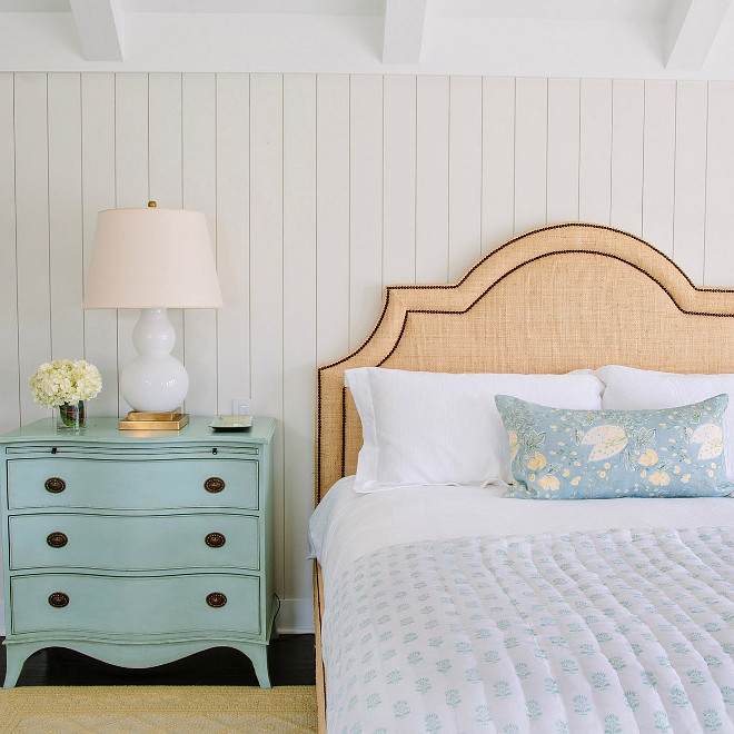 Burlap nailhead headboard, Bedroom with shiplap walls, turquoise nightstand and Burlap nailhead headboard #Burlapheadboard Waterleaf Interiors