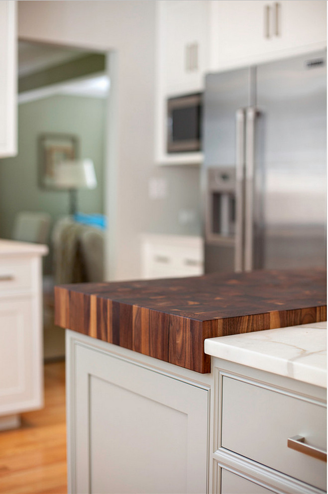 Combination of butchers block and marble. Island with a combination of butchers block and marble countertop. #Butchersblockwithmarble Pennville Custom Cabinetry