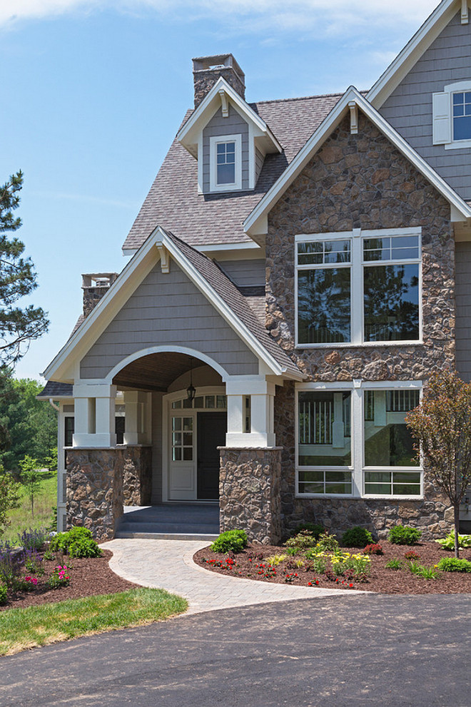 Fieldstone Exterior design ideas and photos, Fieldstone Home Exterior design ideas and photos, Gray Home siding with Fieldstone Exterior #Fieldstone #FieldstoneHomes #FieldStoneExterior Divine Custom Homes