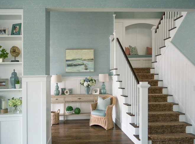 Foyer Staircase built in bench calm casual elegance coastal home console table cool colors SOFT COLORS Staircase traditional beach house tranquil wall art Wallpaper wicker chair