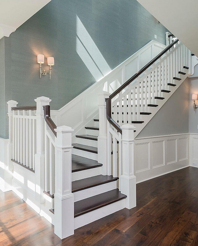 Foyer wainscoting and silk wallpaper. Foyer wainscoting and silk wallpaper ideas. Foyer stairway wainscoting and silk wallpaper. #Foyerwainscoting #silkwallpaper Rahokanson Photography.