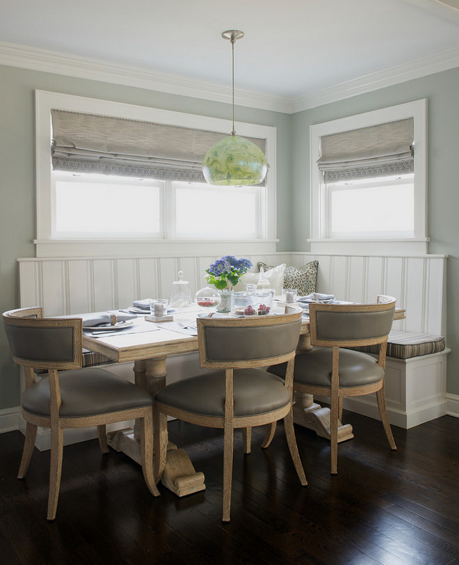 Gray Breakfast Nook, Gray Breakfast Nook Banquette, chairs, walls, Roman Shades #GrayBreakfastNook #BreakfastNook Dalia Canora Design