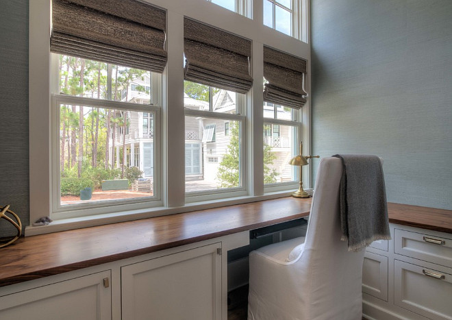 Home office with custom L-shaped desk and Phillip Jeffries Wallpaper. #Homeoffice #lshapeddesk #PhillipJeffriesWallpaper 30A Interiors