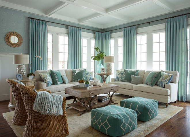 Living room Coastal Living room with light blue white and turquoise decor #Livingroom #CoastalInteriors #CoastalLivingRoom #Bluewhiteturquoise Alexandra Rae Design
