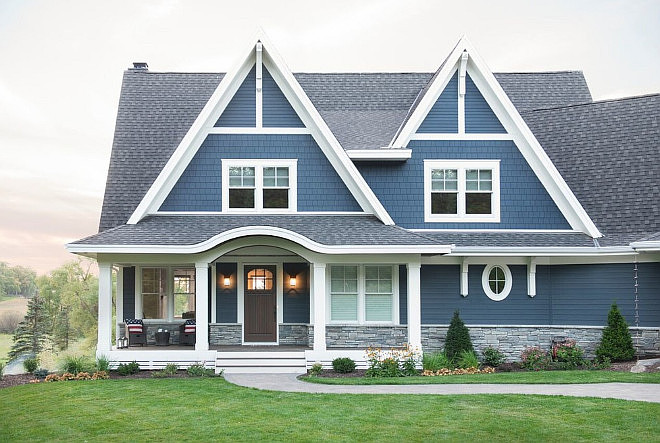 Navy Exterior Paint Color. Navy Home Exterior Paint Color. Navy exterior with stone. #navyhome #navyexterior #navyhomeExterior #Navyexteriorpaintcolor Mark D. Williams Custom Homes Inc