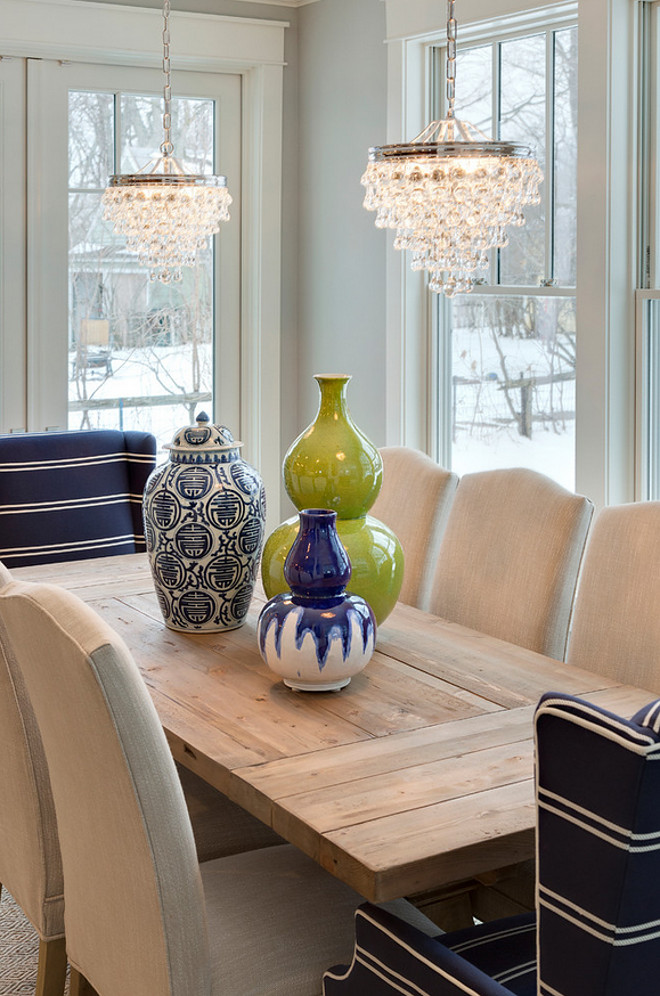 Small Teardrop Chandelier in Polished Nickel. The dining room features a pair of Small Teardrop Chandelier. The chandeliers above the dining room are Crystorama Calypso 3 Light Chrome Pendant. #TeardropChandelier #CrystoramaCalypso3LightChromePendant Grace Hill Design