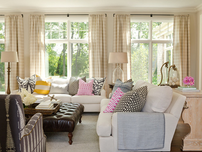 Stripe Draperies. Horizontal Stripe Draperies. Living Room with neutral Horizontal Stripe Draperies. #HorizontalStripeDraperies #StripeDraperies #LivingRoomDraperies Bria Hammel Interiors