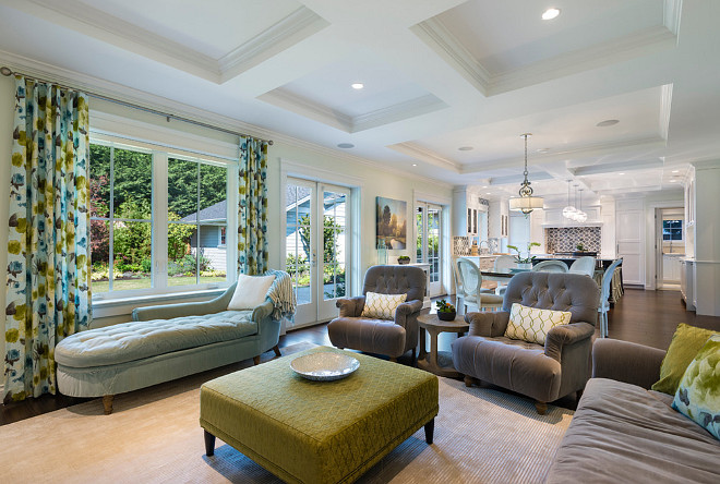 Open Interiors Coffered Ceiling. Open Interiors Coffered Ceiling Ideas. Family room with coffered ceiling opens to kitchen also with coffered ceiling. #OpenInteriorsCofferedCeiling Sarah Gallop Design Inc.