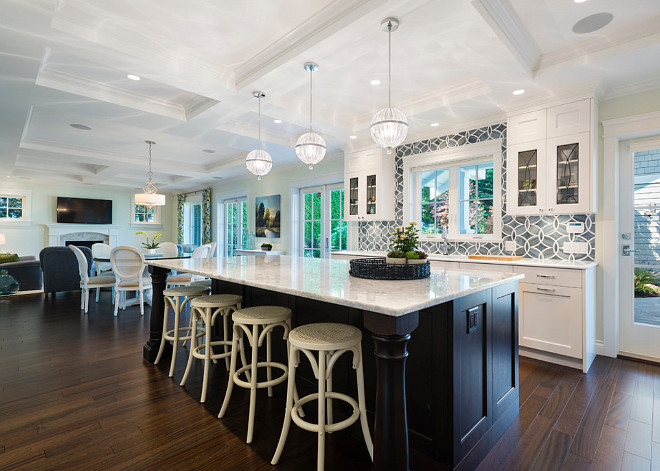 Backless Kitchen Stool. Backless Kitchen Stool Ideas. Kitchen island with Backless Stools. Backless stools are Restoration Hardware Madeleine Backless Leather Stools. Restoration Hardware Madeleine Backless Leather Stools in Distressed White Oak #RestorationHardwareMadeleineBacklessStool #Kitchenislandbacklessstool#KitchenBacklessStool Sarah Gallop Design Inc.