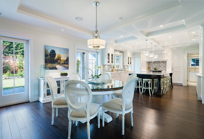 Kitchen Dining Area Lighting. Kitchen Dining Area Lighting Ideas. Dining area opens to kitchen and features an elegant lighting. Kitchen Dining Area Lighting Combination. Dining Area Lighting is Olivia Drum Pendant by Corbett Lighting. #KitchenLighting #DiningAreaLighting #OliviaDrumPendant #CorbettLightingOliviaDrumPendant #diningroomlighting #lighting