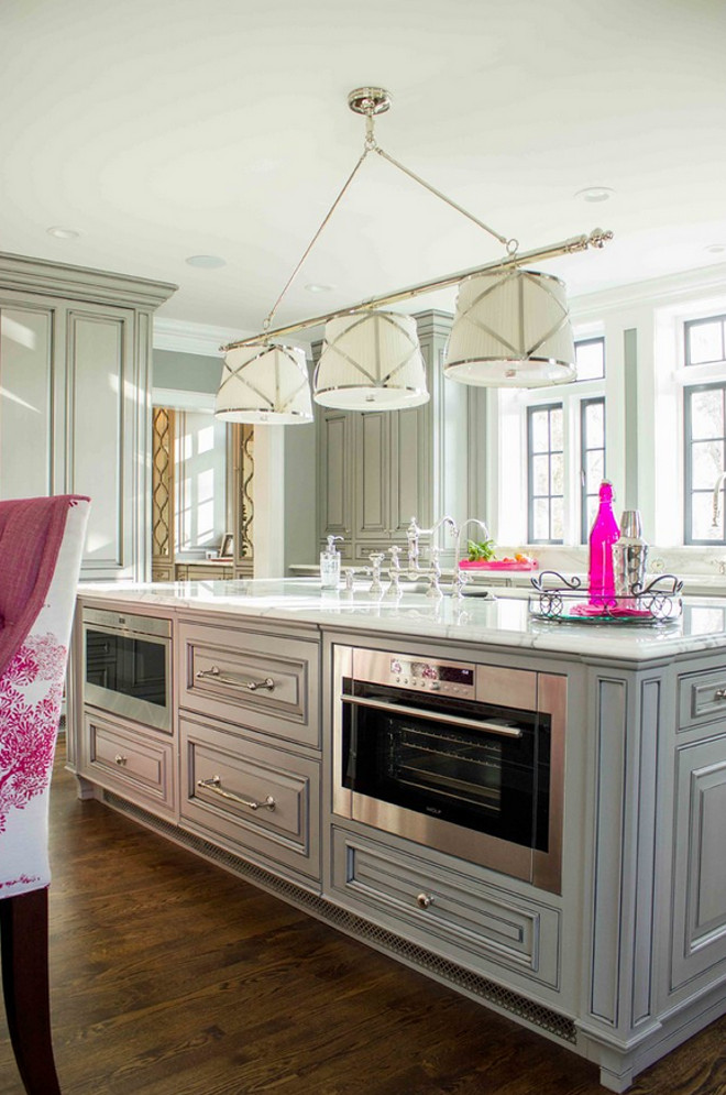 Kitchen Island Lighting. Easy to install kitchen island lighting. Grosvenor Linear Triple Pendant in Polished Nickel with linen shade. #KitchenIslandLighting #easyinstallIslandLighting #Kitchenlighting #GrosvenorLinearTriplePendant Lori Wiles Design