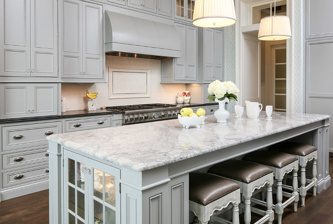 Traditional Gray Kitchen with white quartzite island countertop and soapstone perimeter countertop. #TraditionalKitchen #GrayKitchen #TraditionalGrayKitchen #Whitequartzite #countertop Artisan Signature Homes.