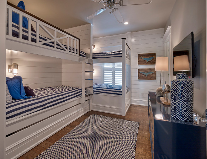 Bunk Bed Railing. Bunk Bed Railing Design. Bunk Room bunk beds with custom railings. Shiplap bunk room with custom Bunk Bed Railing. #BunkBedRailing #BunkRoom #CustomBunkbed #CustomBunkBedRailing #MudroomRailing Asher Associates Architects. Megan Gorelick Interiors