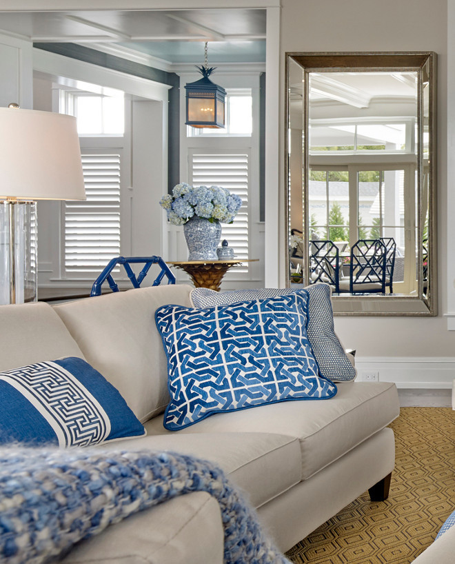 Blue and white pillows. Blue and white pillows on neutral linen couch. Blue and white pillows on neutral sofa. Blue and white pillows and throw. #Blueandwhitepillows Asher Associates Architects. Megan Gorelick Interiors