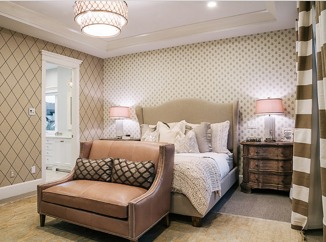 Bedroom Decor. Layered Bedroom Ideas. Layred bedroom with walls covered in wallpaper, rug over carpet flooring, large stripes curatins and comfortable furniture. #LayredBedroom #Bedroom #BedroomDecor #layeringbedroom #Bedroomtextures #BedroomIdeas #BedroomDesign #Bedrooms DWL Photography