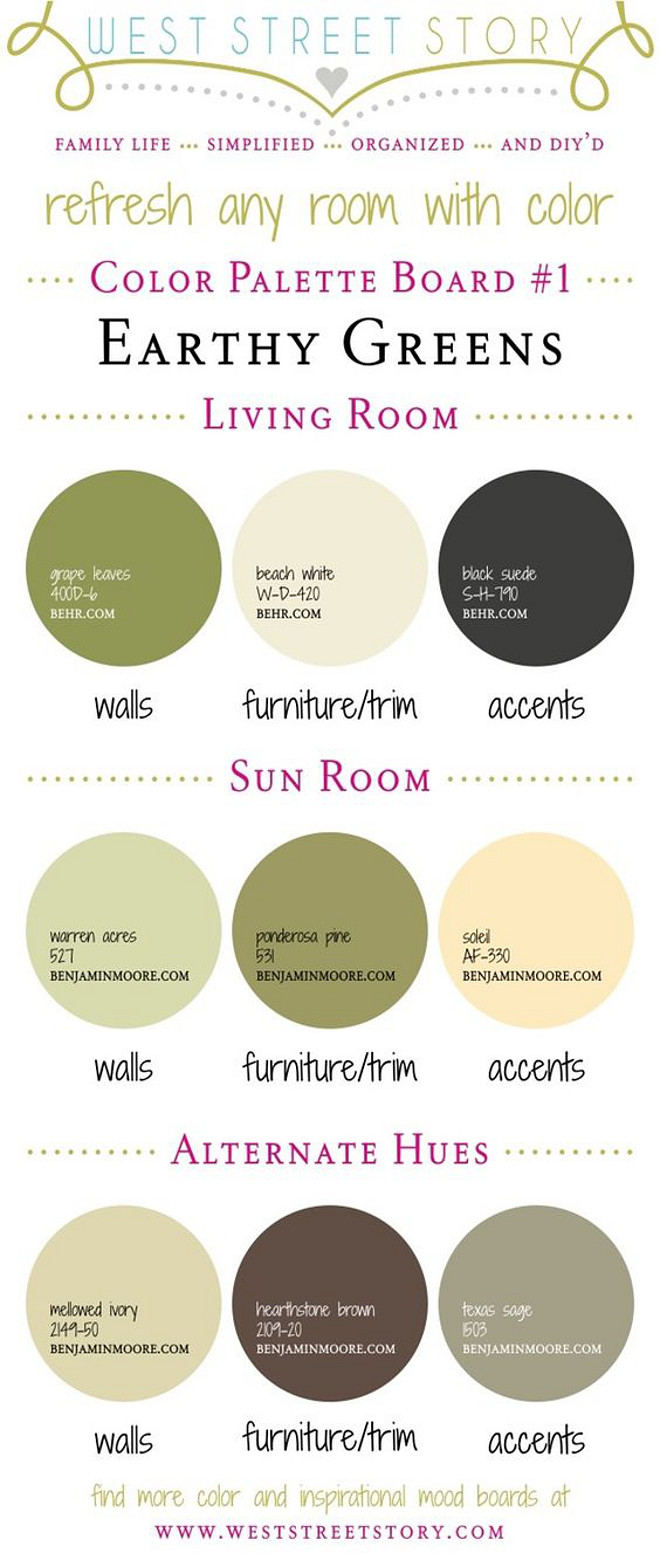 Spring Inspired Paint Colors. New and fresh paint colors to refresh any room in your home. Behr Grape Leaves. Behr Beach White. Behr Black suede. Benjamin Moore Warren Acres. Benjamin Moore Ponderosa Pine. Benjamin Moore Soleil. Benjamin Moore Melowed Ivory. Benjamin Moore Hearthstone Brown. Benjamin Moore Texas Sage. #BehrGrapeLeaves #BehrBeachWhite #BehrBlacksuede #BenjaminMooreWarrenAcres #BenjaminMoorePonderosaPine #BenjaminMooreSoleil #BenjaminMooreMelowedIvory #BenjaminMooreHearthstoneBrown #BenjaminMooreTexasSage #springpaintcolor #freshpaintcolors #refreshingpaintcolors #refreshinteriorspaintcolor #paintcolors #Colorscheme #Colorpalette Via West Street Story. 