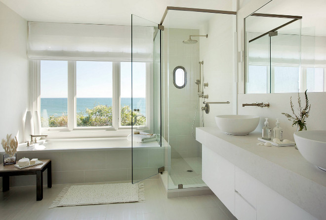 Spa like Bathroom. Spa like Bathroom Ideas. Create a Spa like feel in your bathroom with a light color palette and plenty of natural light. Spa like Bathroom #SpalikeBathroom Martha's Vineyard Interior Design.