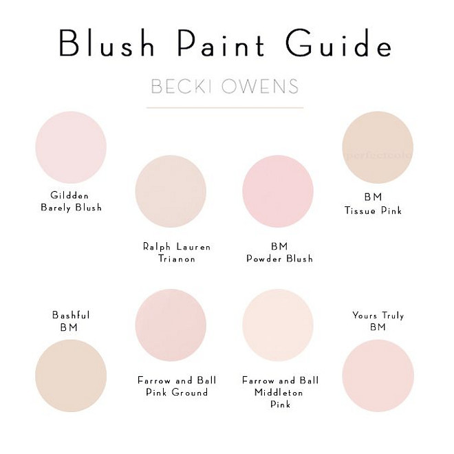 Blush Paint Color Ideas. Pale Pink Paint Color. Glidden Barely Blush. Ralph Lauren Trianon. Benjamin Moore Powder Blush. Benjamin MooreTissue Pink. Benjamin Moore Bashful. Farrow and Ball Pink Ground. Farrow and Ball Middleton Pink. Benjamin Moore Yours Truly. #BlushPaintColors #Palepinkpaintcolors #pinkpaintcolor Via Becki Owens