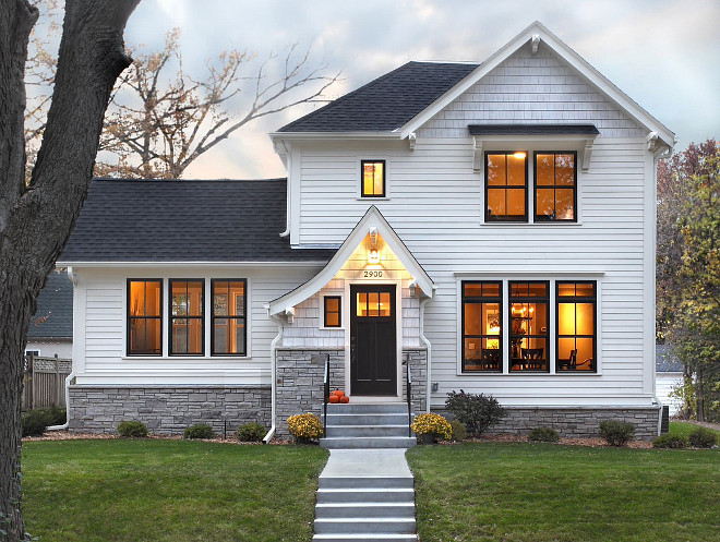 White Hardi exterior ideas. 6 inch exposure Hardie. Dove white semi transparent stain on the shaker town shingles. Black windows are Bronze exterior on Marvin Integrity Awad + Koontz Architects Builders