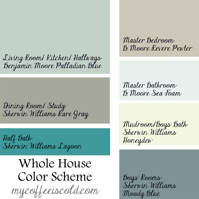 Modern Home Paint Color Ideas. Whole house paint color and color palette for the modern home. Whole house color scheme. Whole House Paint Color Ideas: Living room, Kitchen, Hallways paint Color is Benjamin Moore Palladian Blue. Dining room and study paint color is Sherwin Williams Rare Gray. Powder Room paint color is Sherwin Williams Lagoon. Master bedroom paint color is Benjamin Moore Revere Pewter. Master Bathroom paint color is Benjamin Moore Sea Foam. Mudroom and kids bathroom paint color is Sherwin Williams Honeydew. Kids bedroom paint color is Sherwin Williams Moody Blue #BenjaminMoorePalladianBlue #SherwinWilliamsRareGray #SherwinWilliamsLagoon #BenjaminMooreReverePewter #BenjaminMooreSeaFoam #SherwinWilliamsHoneydew #SherwinWilliamsMoodyBlue #Wholehousecolorscheme Via My Coffee is Cold.