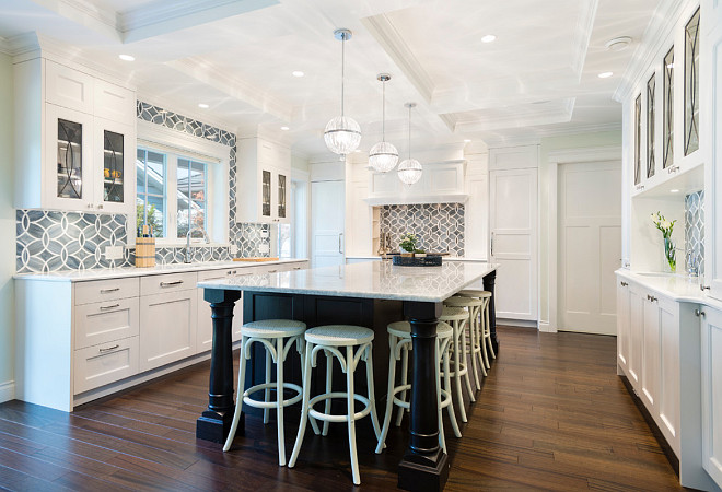 White Kitchen with Blue Backsplash. White Kitchen with Blue Backsplash Ideas. White Kitchen with Blue Backsplash See post for more pictures, paint color and blue tile source. #WhiteKitchenBlueBacksplash #WhiteKitchenBlueBacksplashTile Sarah Gallop Design Inc.