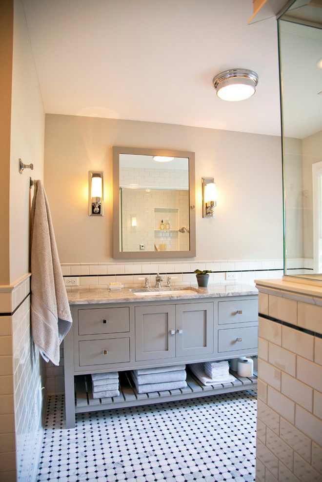 Classic Bathroom Reno. Classic Bathroom Reno Ideas. Classic Bathroom Reno with new vanity, floor tile and half wall subway tiles. #ClassicBathroomReno #BathroomReno TreHus Architects+Interior Designers+Builders