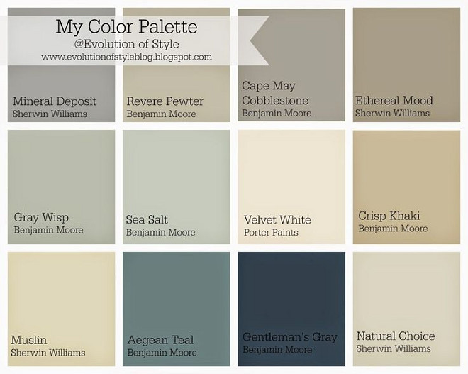 Home color palette ideas. Sherwin Williams Mineral Deposit. Benjamin Moore Revere Pewter. Benjamin Moore Cape May Cobblestone. Sherwin Williams Ethereal Mood. Benjamin Moore Gray Wisp. Benjamin Moore Sea Salt. Porter Paints Velvet White. Benjamin Moore Crisp Khaki. Sherwin Williams Muslin. Benjamin Moore Aegean Teal. Benjamin Moore Gentlemans Gray. Sherwin Williams Natural Choice. #Homecolorpalette Via Evolution of Style.