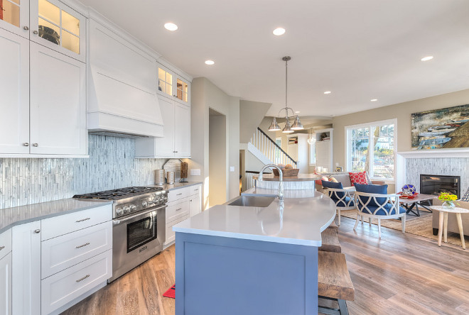 Kitchen glass tile backsplash. Mosaic glass tiles adorn the backsplash in this kitchen. Kitchen backsplash is Bliss Baroque Random Strip Stained Glass Mosaic by Anatolia Tile. #Kitchenbacksplash #kitchenglassbacksplash #kitchenmosaicglassbacksplash Mike Schaap Builders