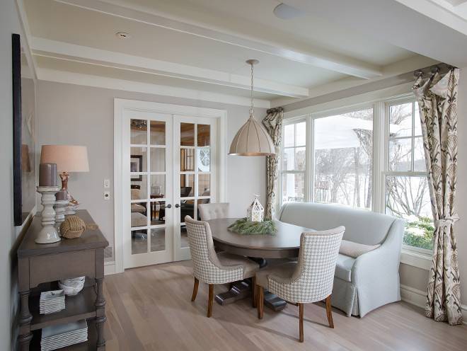 Breakfast room. Breakfast room settee. Breakfast room paint color Benjamin Moore Revere Pewter. Breakfast room Chairs. Breakfast room Lighting. Breakfast room Flooring. Breakfast room ceiling. Breakfast room furniture. Breakfast room decor. Breakfast room ideas #Breakfastroom Mike Schaap Builders