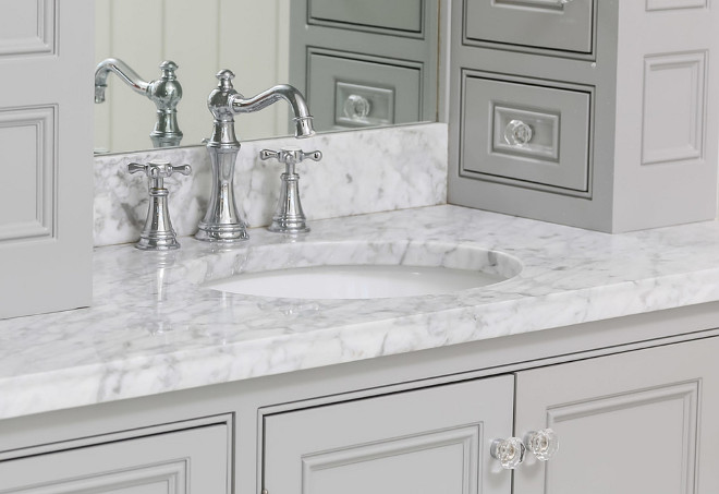 Bathroom Gray Cabinet Hardware. Bathroom Gray Cabinet with glass knobs. Bathroom Gray Cabinet Hardware is from Van Dykes. #BathroomHardware #BathroomGrayCabinetHardware #BathroomCabinetHardware #BathroomKnobs #Glassknobs #VanDykes Artisan Signature Homes.