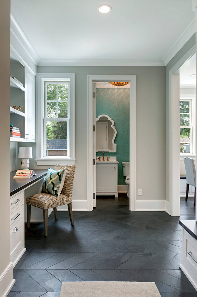 Herringbone Slate flooring. Desk area off the kitchen with Herringbone Slate flooring tiles. The herringbone design in the mudroom and pocket office are Montauk Slate 4 x 16. Herringbone Slate flooring ideas. Herringbone Slate flooring tiles. Herringbone Slate flooring. #HerringboneFlooring #Slateflooring #HerringboneSlateflooring #HerringboneSlatetiles Spacecrafting Photography. City Homes Design and Build, LLC. Jodi Mellin Interiors.