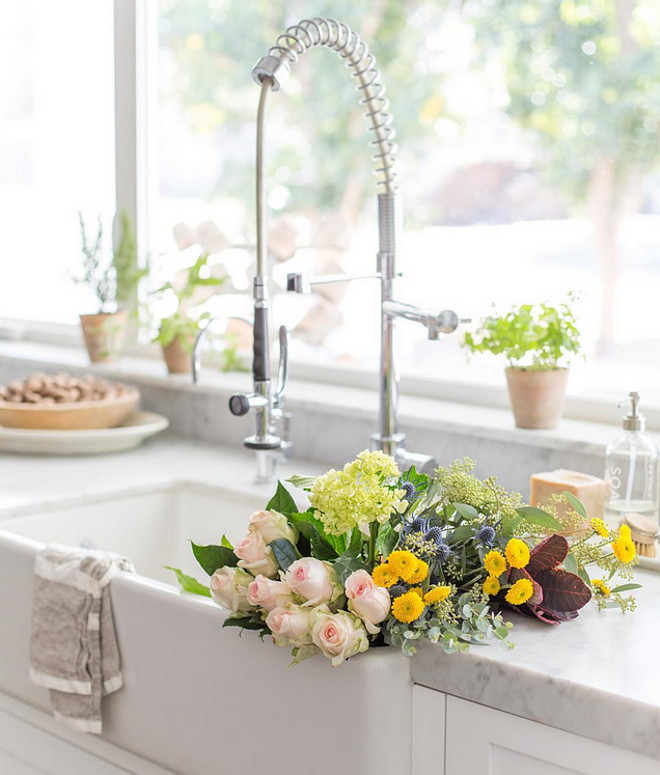 Farmhouse kitchen sink faucet. Farmhouse kitchen sink faucet ideas. Kitchen faucet is by Signature Hardware. #Farmhousekitchensinkfaucet #Kitchenfaucet #kitchensinkfaucet #Farmhousekitchensink Heather Bullard