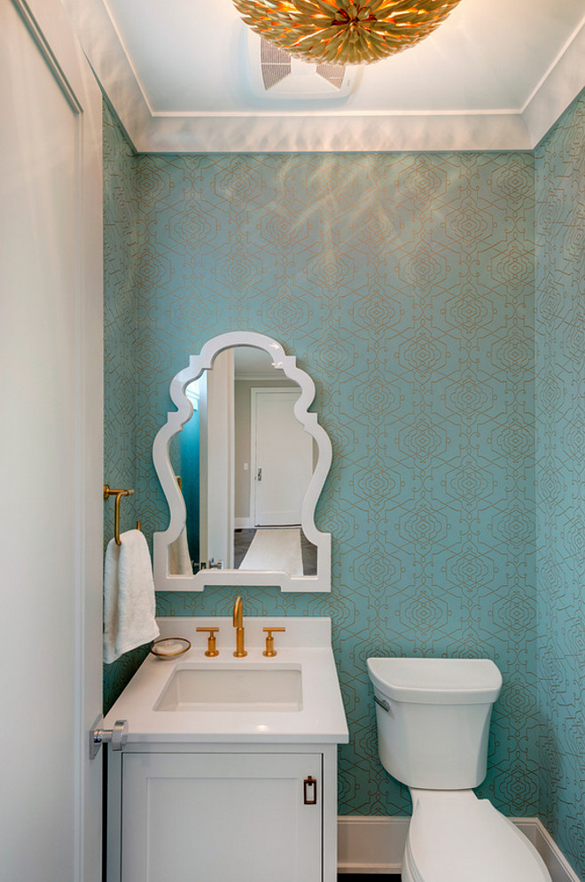 Turquoise Wallpaper. Powder Room with turquoise wallpaper, gold faucet and golden lighting. #Turquoise #TurquoiseWallpaper #Powderroom Spacecrafting Photography. City Homes Design and Build, LLC. Jodi Mellin Interiors