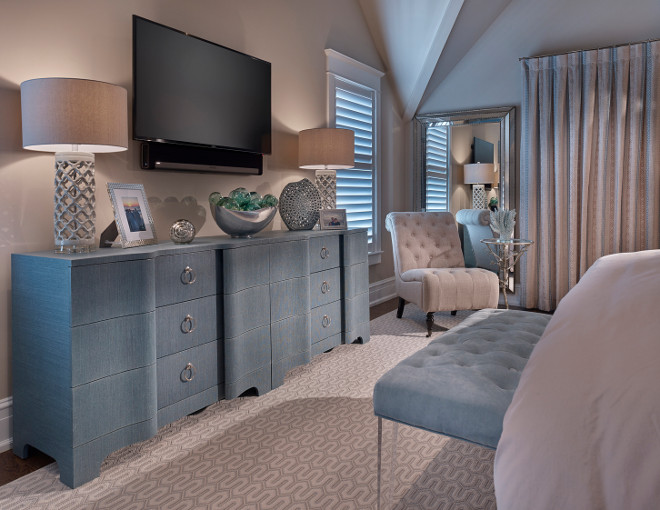 Bedroom TV Ideas. Bedroom with TV above Dresser. How to place TV in Bedroom in a stylish way. #BedroomTV #TVBedroom #BedroomTVIdeas Asher Associates Architects. Megan Gorelick Interiors