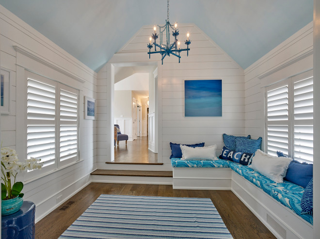 Bonus room shiplap walls. Shiplap Millwork. Bonus room with slanted ceiling and shiplap walls. #BonusRoom #slantedceiling #ShiplapWalls #Shiplap Asher Associates Architects. Megan Gorelick Interiors