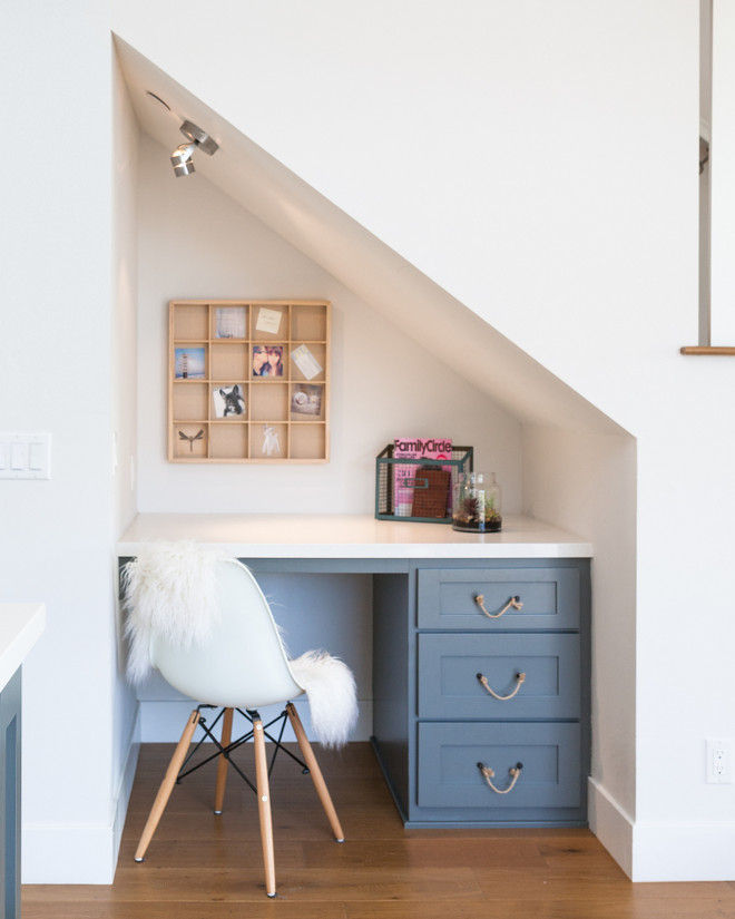 Built in desk tucked under the staircase. Built in desk tucked under the staircase in small kitchen. #Builtindesktuckedunderstaircase Jasmine Roth.