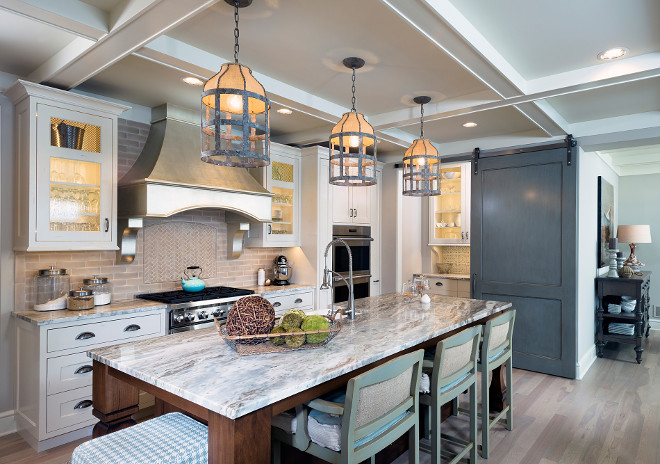 Kitchen island tree pendant light ideas. Kitchen island with three pendant lights. The three pendant lights are Lucia Chandelier SCH-550225 Gabby Ceiling Mount Iron/Burlap. Height: 20" Dia: 13". #Kitchenisland #Kitchentreependants #LuciaChandelierGabbyCeilingMountIronBurlap Mike Schaap Builders