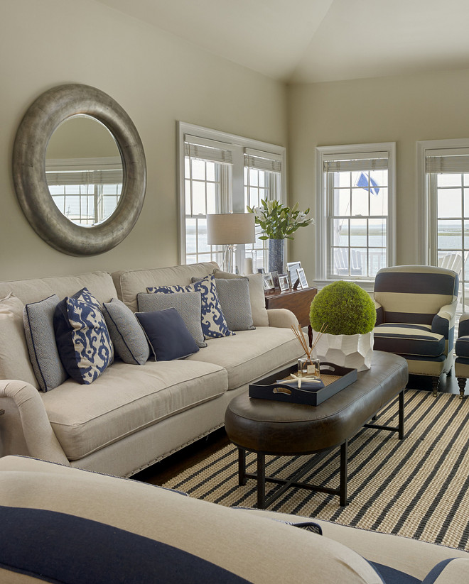 Coastal Living room. Classic coastal living room with navy striped fabric and rug. #CoastalInteriors #CoastalLivingroom Megan Gorelick Interiors