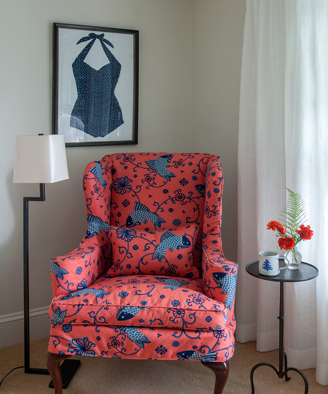 Coastal bedroom with coral and navy decor. Banks Design Associates