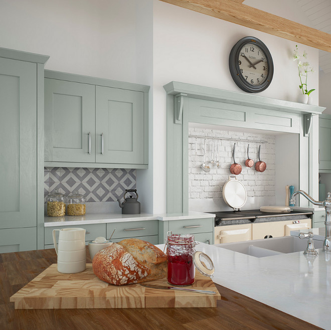 European style kitchen with mint green cabinets. Kitchen Stori.