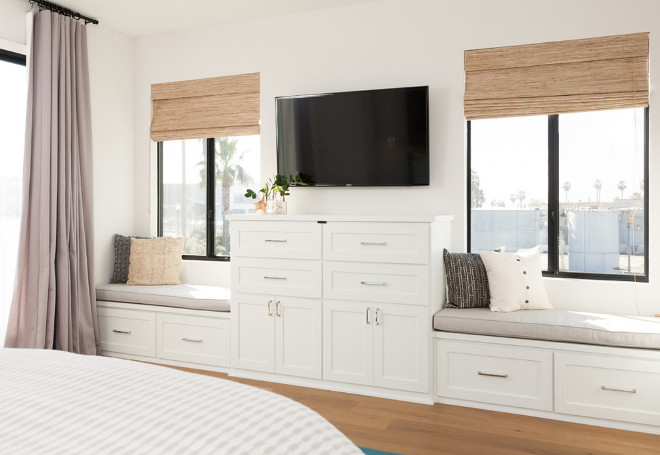 Master bedroom custom cabinets and window seat. Jasmine Roth.