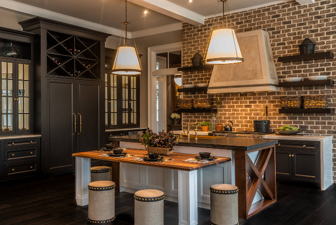 Rustic Kitchen Ideas. Non white rustic kitchen design. Non white rustic kitchen with brick backsplash and floating shelves. #NonwhiteKitchen #rustickitchen Palmetto Cabinet Studio