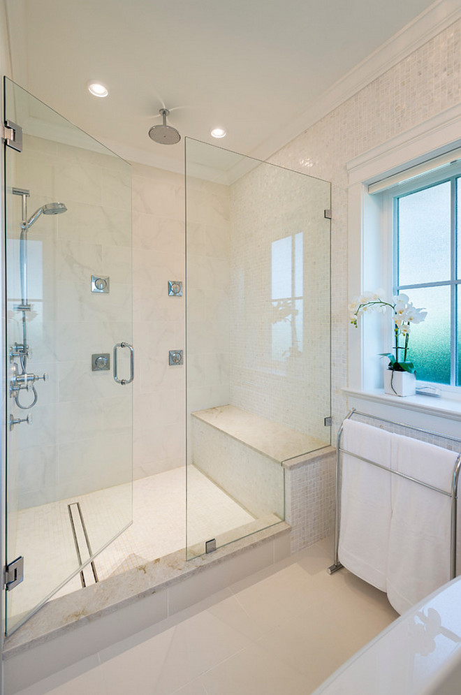 Shower Bench Tile. Shower Bench Tile Ideas. Shower Bench Tiling. Shower Bench Stone and Tile. Shower bench with tiles and quartzite slab. #ShowerBenchTile Kemp Construction. Sarah Gallop Design Inc.