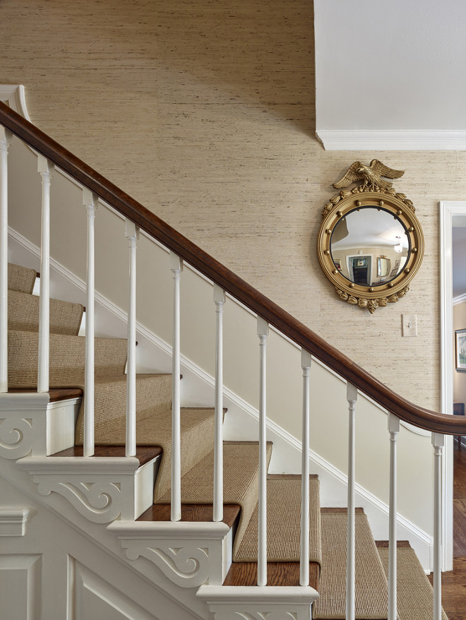 Stair runner and grasscloth wallpaper. Megan Gorelick Interiors