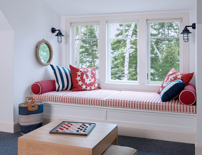 Wide window seat. when building a window seat make sure to design it wide enough for naps. #widewindowseat #windowseat Banks Design Associates