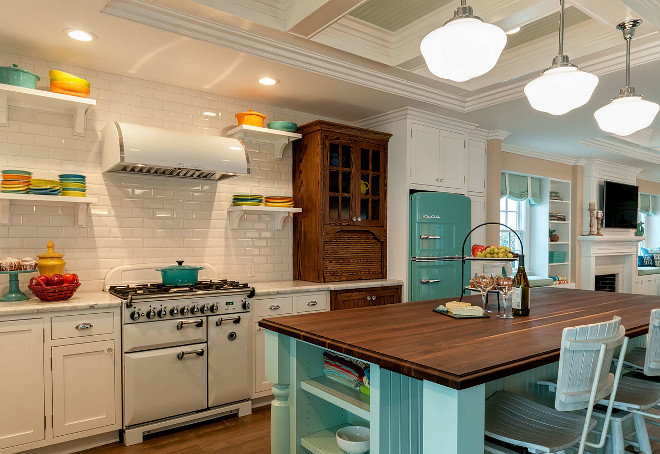 Retro Beach Kitchen Style. Retro Beach Kitchen Style with retro AGA stove. The refrigerator is from Big Chill, it is the Original Refrigerator in Pastel Turquoise. Retro Kitchen. Turquoise Refrigerator. Aga Stove. #RetroKitchen #RetroBeachKitchen #RetroBeachKitchenstyle #Retrostove #retrorefrigerator #turquoise #turquoisefridge #turquoiserefrigerator QualCraft Construction Inc