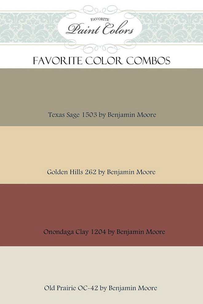 Warm Paint Colors. Warm Hues. Warm Color Palette. Benjamin Moore Warm Colors. Benjamin Moore 1503 Texas Sage. Benjamin Moore 262 Golden Hills. Benjamin Moore 1204 Onondaga Clay. Benjamin Moore OC-42 Old Praire. #WarmPaintColors #WarmColorPalette #paintcolors Via Favorite Paint Colors.