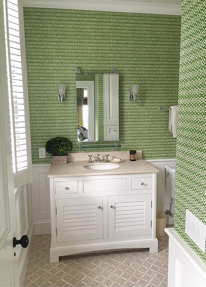 Bathroom Wainscoting and Wallpaper. Bathroom features Wainscoting and Wallpaper on walls. Bathroom Wainscoting and Wallpaper ideas. Wallpaper is by Galbraith and Paul. #Bathroomwalls #bathroomwallpaperwainscoting #bathroomwallpaperwainscotingwalls #bathroomwallpaperwainscotingideas #GalbraithandPaul #GalbraithandPaulwallpaper Kate Jackson Design